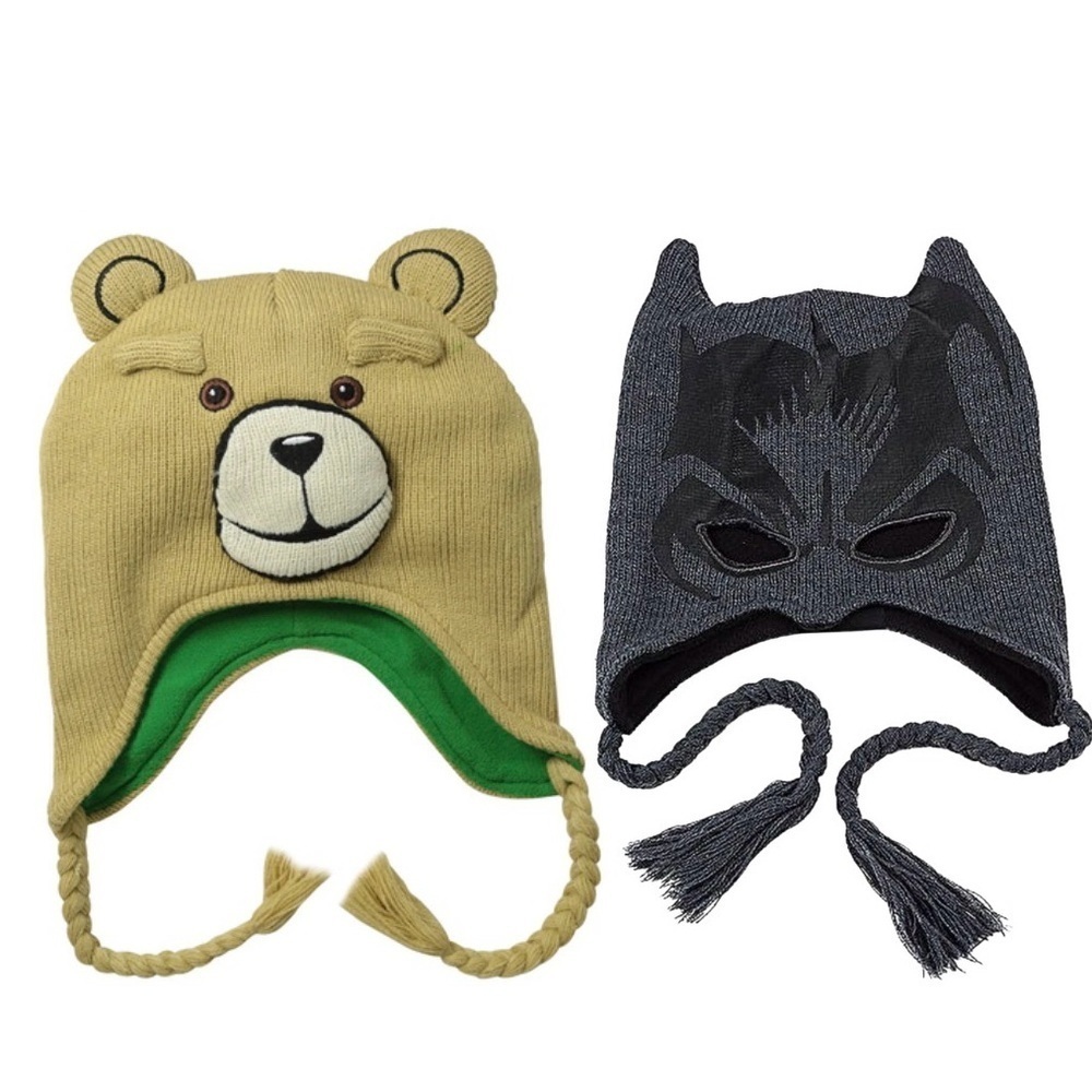5 Kids Character Hats/Beanies - Batman & TED Black/Gray and Tan Knit